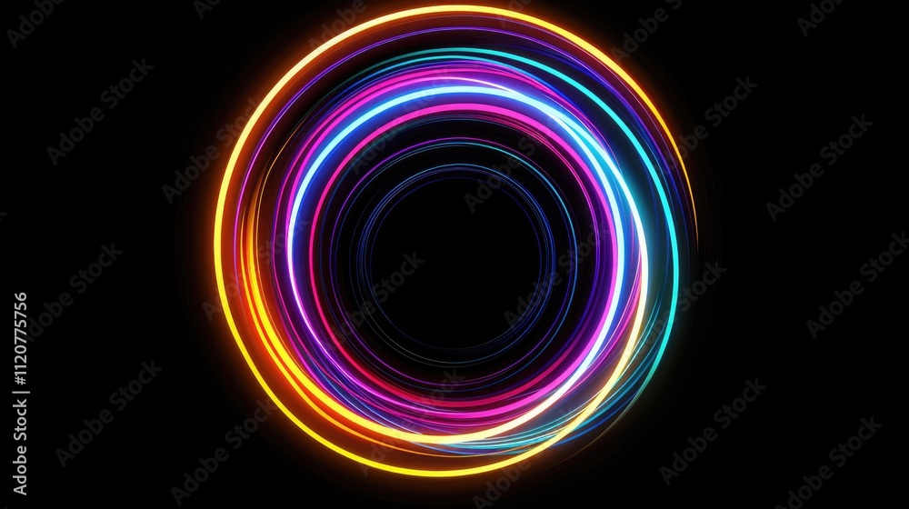 Neon glowing circular lines create a tunnel with vanishing points. Abstract movement of colored lights speed effect colorful wave curves Black background. Neon glowing circular lines create a tunnel with vanishing points. Abstract movement of colored lights speed effect colorful wave curves Black background.