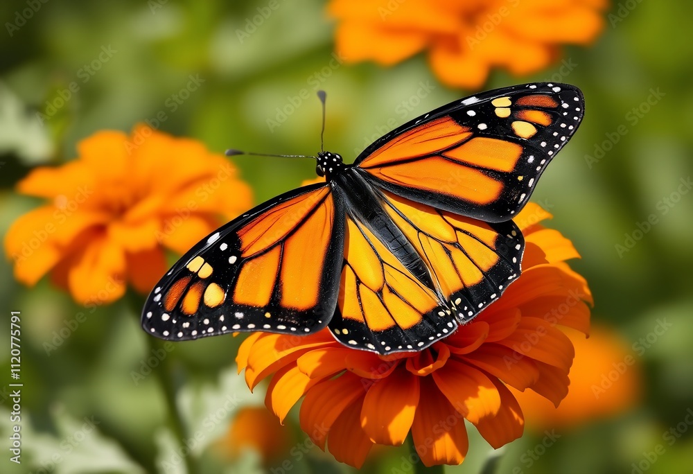 Fototapeta premium Monarch butterfly perched on vibrant orange flower.