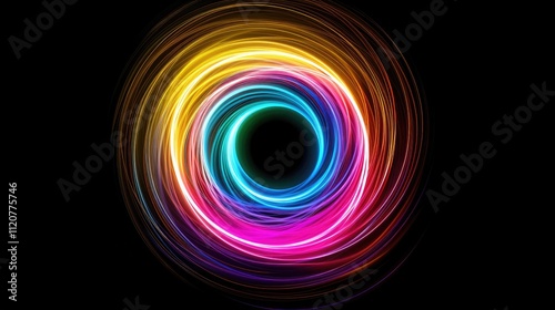 Neon glowing circular lines create a tunnel with vanishing points. Abstract movement of colored lights speed effect colorful wave curves Black background.