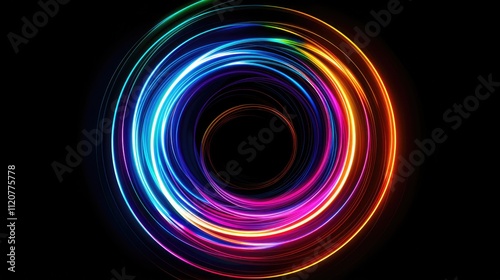 Neon glowing circular lines create a tunnel with vanishing points. Abstract movement of colored lights speed effect colorful wave curves Black background.