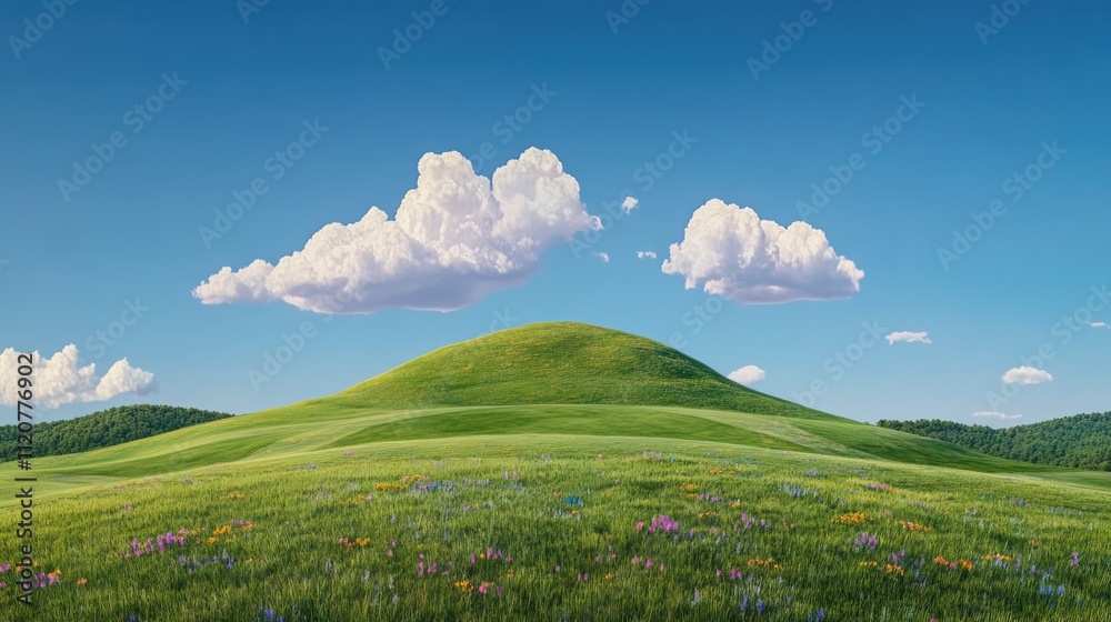 Fresh Blooms in Spring: Serene Landscape of Hills and Grassland Fresh Blooms in Spring: Serene Landscape of Hills and Grassland