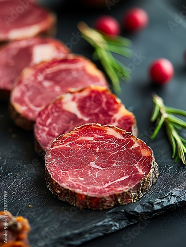 Close-up of Sliced Capocollo, an Italian cured meat, arranged on a dark stone slate with rosemary and cranberries. photo