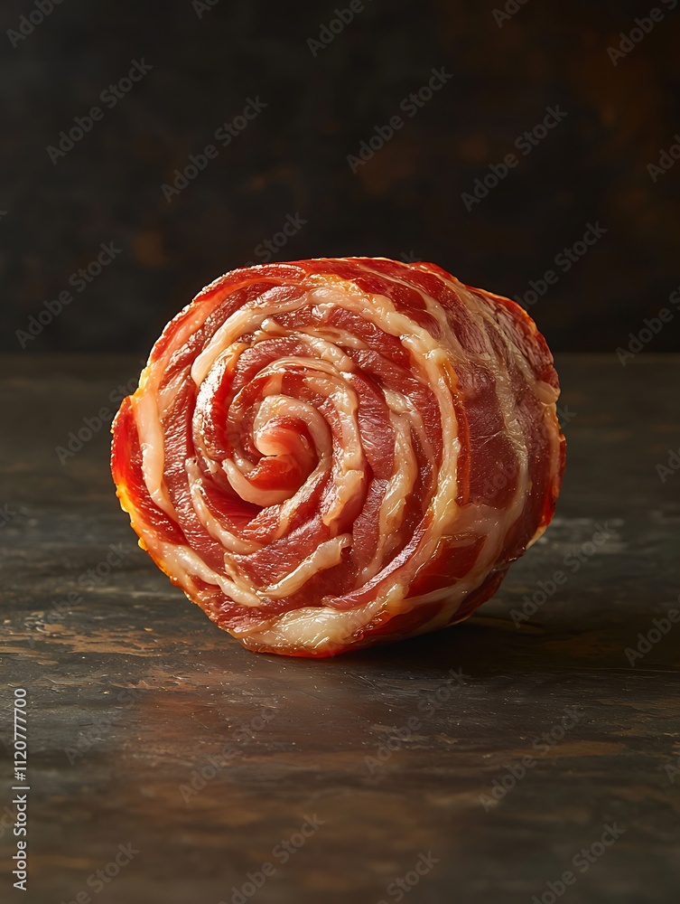 Obraz premium Gourmet Spiraled Bacon Rose on Dark Background.