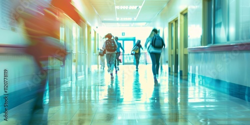 Blurred Motion of Students Running in School Corridor photo