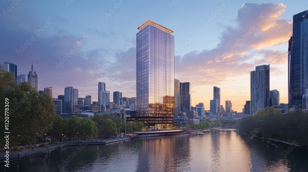 Obraz premium Modern CBD commercial district, high-rise office buildings, showcasing glass facades and corporate architecture, reflecting contemporary architectural style and busy commercial atmosphere.