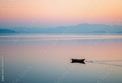 Serene sunrise over calm lake with lone boat.