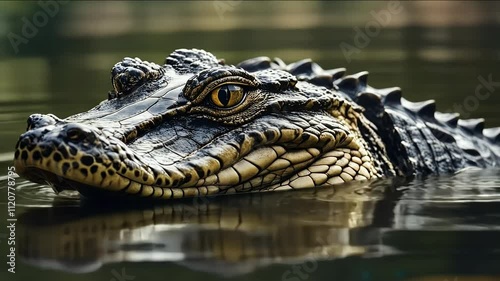 close spectacled caiman water reptile animal closeup video aquatic look rough scale skin sunlight wildlife wild nature outdoors  