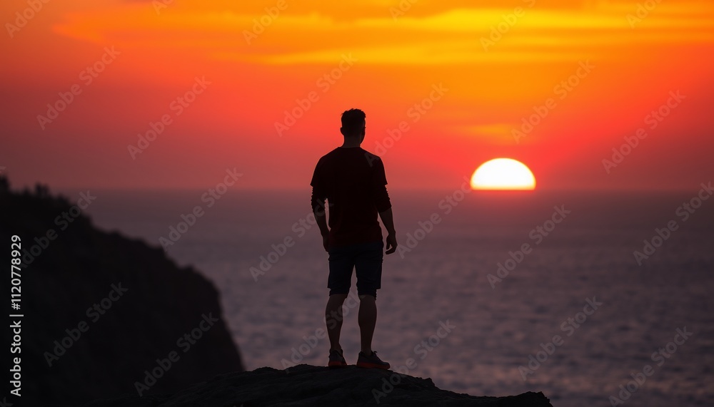 Silhouetted man watching sunset over ocean. Silhouetted man watching sunset over ocean.