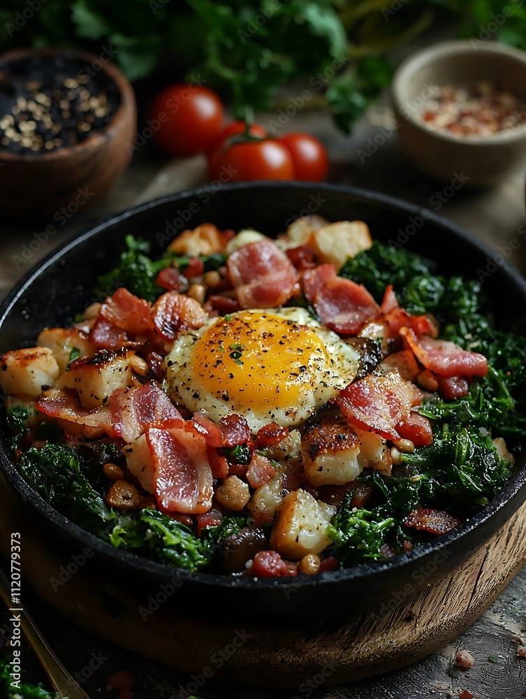 Savory Kale and Potato Breakfast Skillet with Fried Egg and Bacon. Savory Kale and Potato Breakfast Skillet with Fried Egg and Bacon.