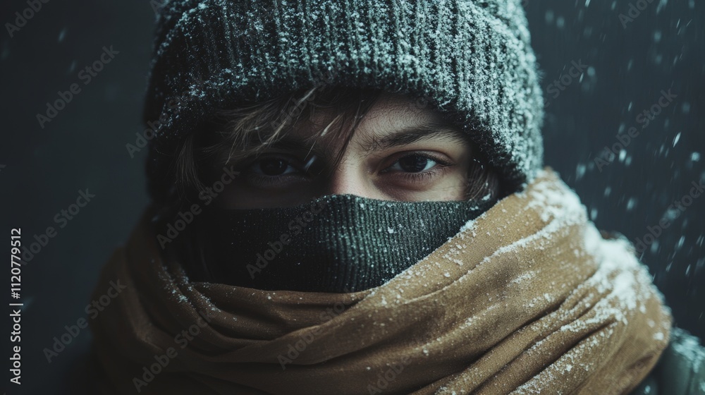 Young person bundled in winter attire gazes into the distance as snow gently falls around them in a cold, atmospheric setting Young person bundled in winter attire gazes into the distance as snow gently falls around them in a cold, atmospheric setting
