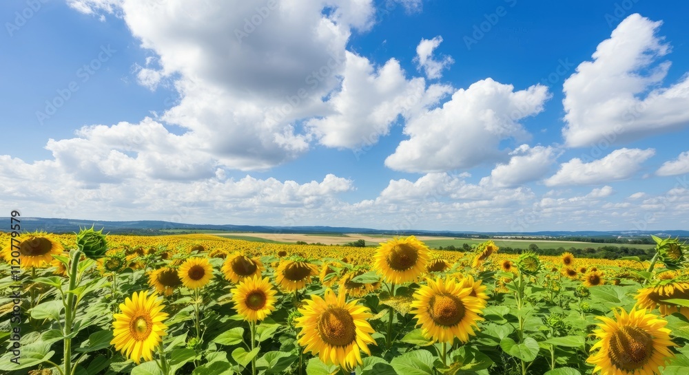 Fototapeta premium Vibrant sunflower field stretches under bright blue sky with fluffy clouds