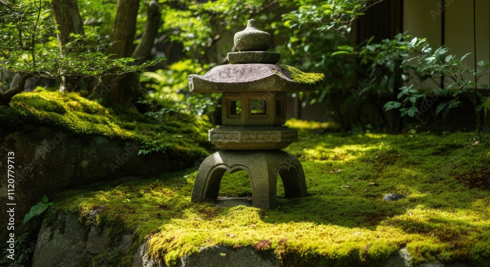 Stone lantern in tranquil, moss-covered garden Stone lantern in tranquil, moss-covered garden