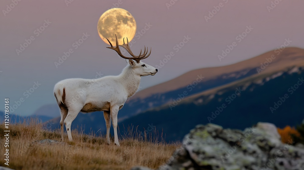 Obraz premium A majestic white deer with perfect antlers, on the mountain and the beautiful view of the full moon at night