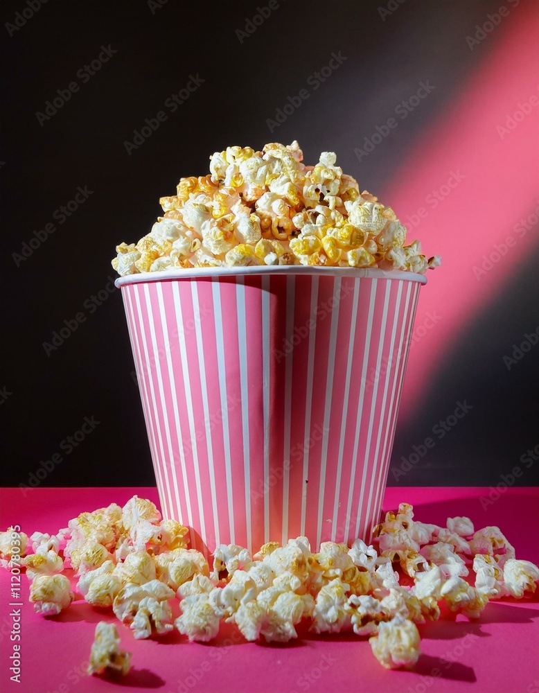 Buttery popcorn in a pink striped container. Buttery popcorn in a pink striped container.
