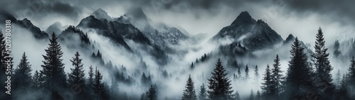 Misty mountain landscape with dark evergreen trees.