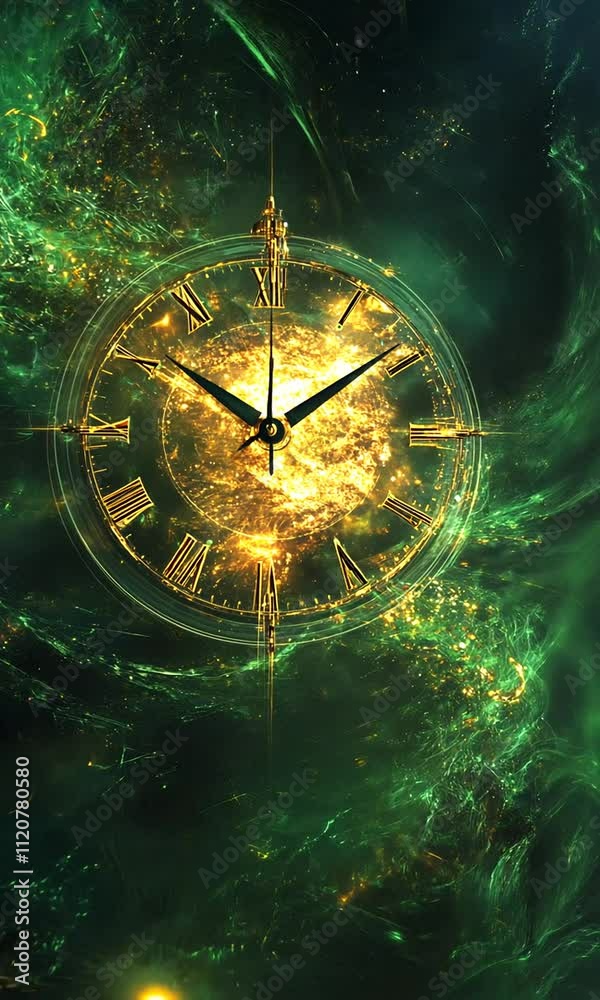 A cosmic clock blending time with a vibrant, star-filled universe.