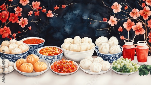 Watercolor of dumplings and traditional Chinese New Year foods on a decorated table photo