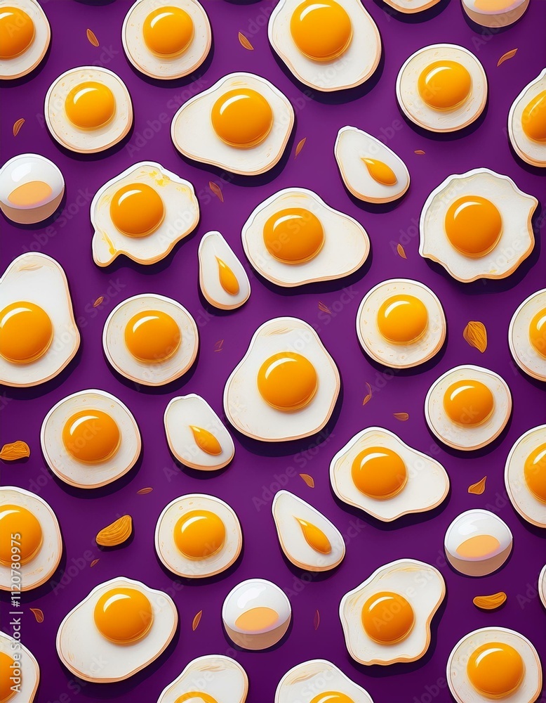 Overhead view of many fried eggs on a purple background. Overhead view of many fried eggs on a purple background.