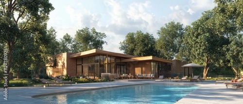 Modern house with pool and lush landscaping.