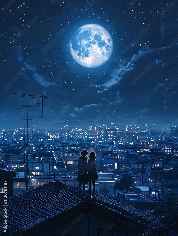 Fototapeta premium Two Girls Silhouetted Against a Night Cityscape Under a Full Moon.