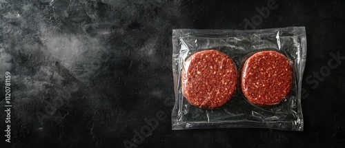 Two raw beef burger patties in vacuum sealed plastic packaging on dark background.