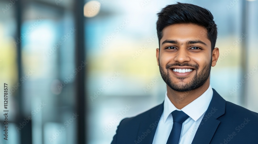 Handsome young Indian businessman in a suit smiling at the camera, standing against a blurred modern office interior with panoramic windows. Portrait of a happy man on business conference background. Handsome young Indian businessman in a suit smiling at the camera, standing against a blurred modern office interior with panoramic windows. Portrait of a happy man on business conference background.