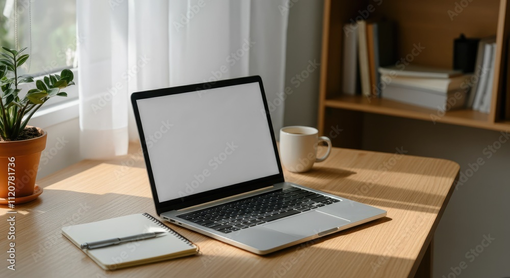 Clean desk with open laptop, notebook, coffee cup, and plant Clean desk with open laptop, notebook, coffee cup, and plant