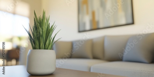 Modern interior design with sofa, table and abstract art frame hanging on wall