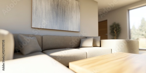 Modern interior design with sofa, table and abstract art frame hanging on wall