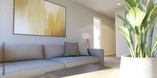 Modern interior design with sofa, table and abstract art frame hanging on wall