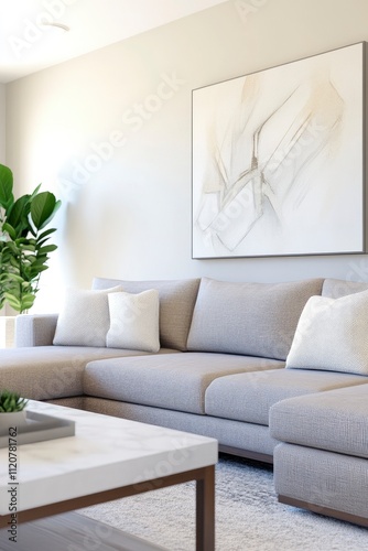 Modern interior design with sofa, table and abstract art frame hanging on wall