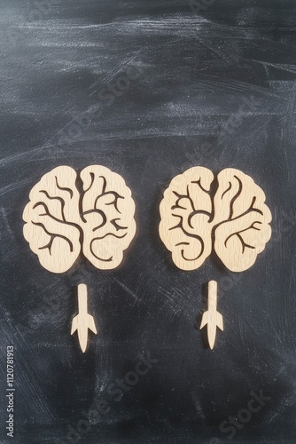 Two brains are shown on a blackboard, one pointing to the right