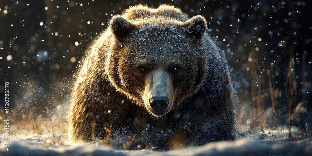 Majestic Brown Bear Emerging from Snowy Den in Winter Majestic Brown Bear Emerging from Snowy Den in Winter