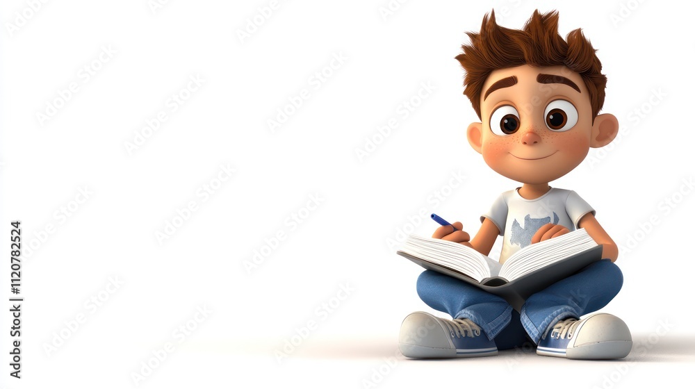 Young boy writing in a notebook with a smile. Young boy writing in a notebook with a smile.