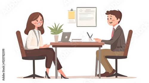 Businesswoman and businessman having a meeting at a desk in an office.