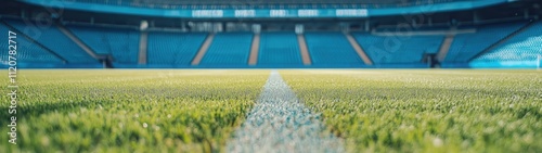 Close-up view of a soccer field's center line with a blurred stadium background.
