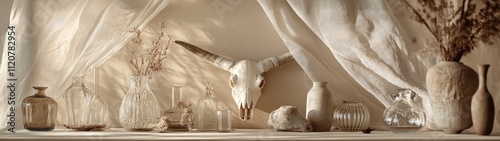 Still life with cow skull, vases, and dried flowers under sheer fabric.