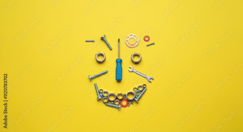 Smiley face made from screws, bolts, and nuts on yellow background Smiley face made from screws, bolts, and nuts on yellow background