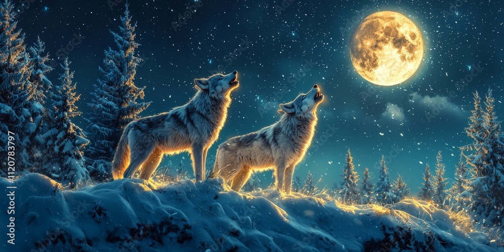 Majestic Wolves Howling Under Winter s Full Moon Snowy Landscape Majestic Wolves Howling Under Winter s Full Moon Snowy Landscape