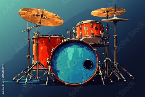 Stylized drum set illustration in Pop Art style with bold colors and dynamic lines on white background photo