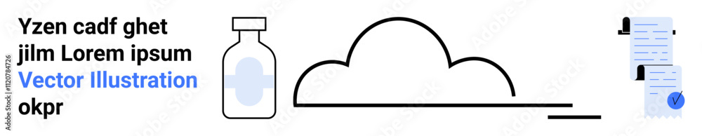 Medicine bottle and text block, outlined cloud shape, blue-themed legal documents with check mark. Ideal for healthcare, pharmaceuticals, technology, cloud storage, data management, legal services Medicine bottle and text block, outlined cloud shape, blue-themed legal documents with check mark. Ideal for healthcare, pharmaceuticals, technology, cloud storage, data management, legal services