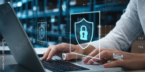 Wallpaper Mural Cybersecurity and Network Protection Concept with Laptop and Security Icons Torontodigital.ca
