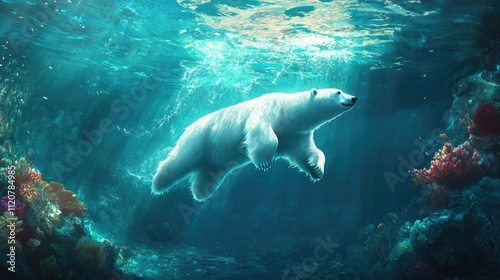 Polar bear gracefully swimming underwater in a vibrant coral reef, sunbeams illuminating the scene.