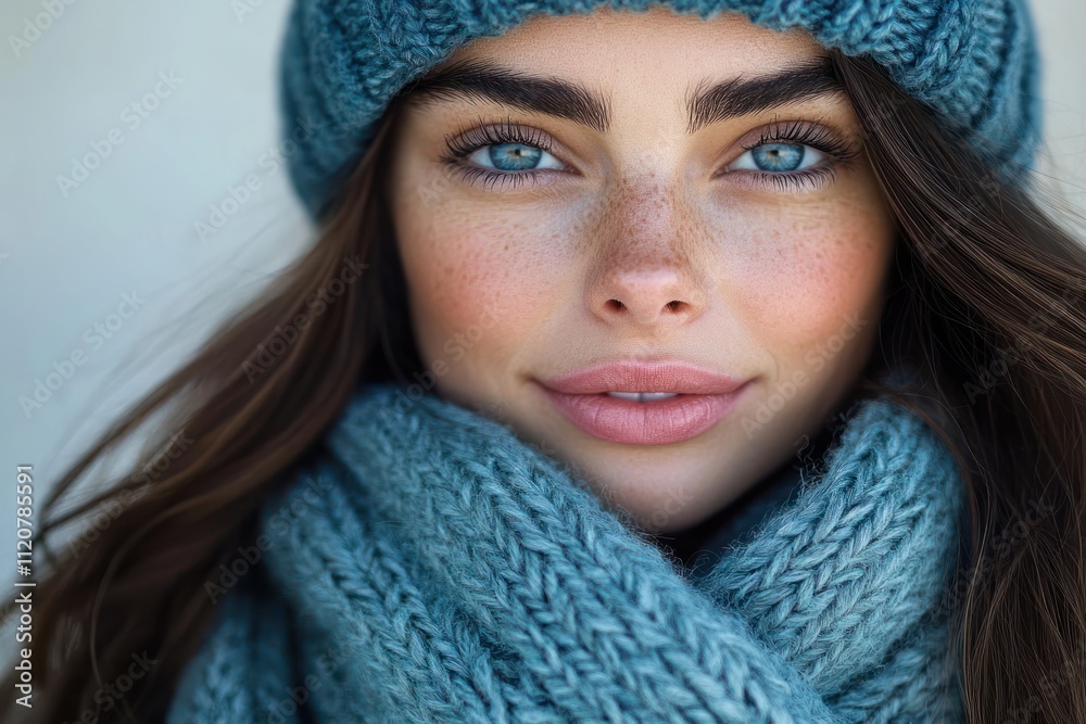 Brunette Woman in Blue Knitted Hat and Scarf Smiling in Natural Light Against White Background Brunette Woman in Blue Knitted Hat and Scarf Smiling in Natural Light Against White Background