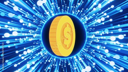 2D Digital Money Coin Rotation in center And Data line Network in background