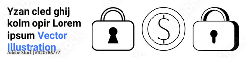 Three icons padlock on left, dollar symbol in center, and padlock on right. Ideal for cybersecurity, financial security, encryption, safety, protection secure transactions digital finance. Landing