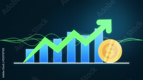 Green Arrow up Profit Bar chart Graph Stock Money Coin Business Wave Stroke Line