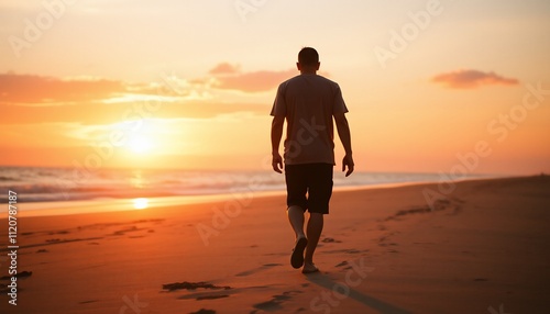 Man walking on beach at sunset. (1)