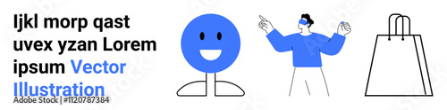 Text combined with a blue smiling emotion, a person wearing VR glasses pointing, and a shopping bag. Ideal for ecommerce, online shopping, virtual reality, modern technology, consumer behavior