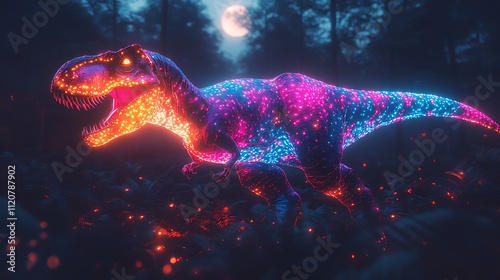 Fototapeta Naklejka Na Ścianę i Meble -  Luminous T-Rex dinosaur in a dark forest at night.